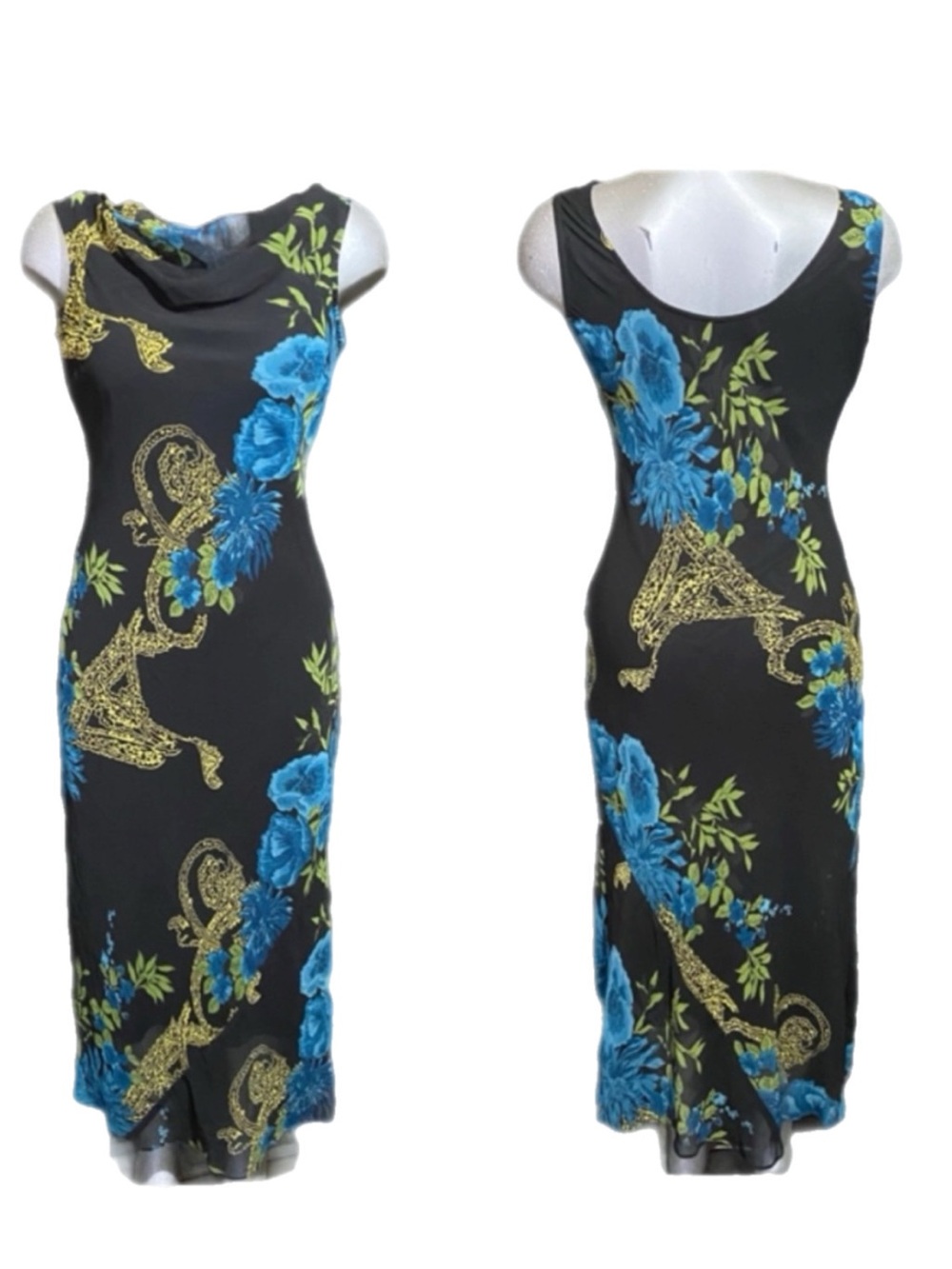 Eva Blue Y2K Fairy-Goth Maxi Dress Floral Sleeveless Resortwear Size 8 Medium